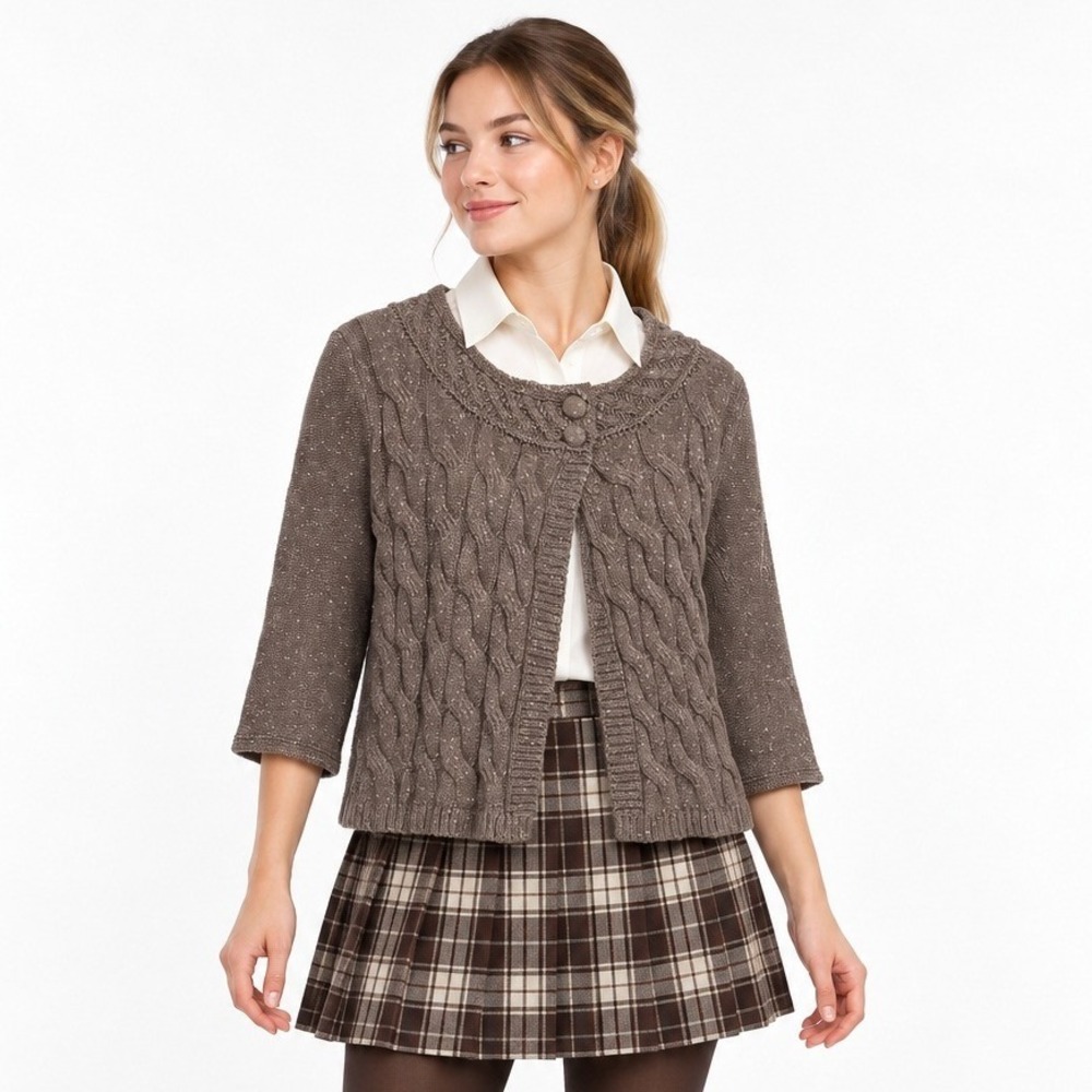 Cable Knit Cardigan Sweater M Brown 2 Button Cotton Blend Preppy Academia Fall